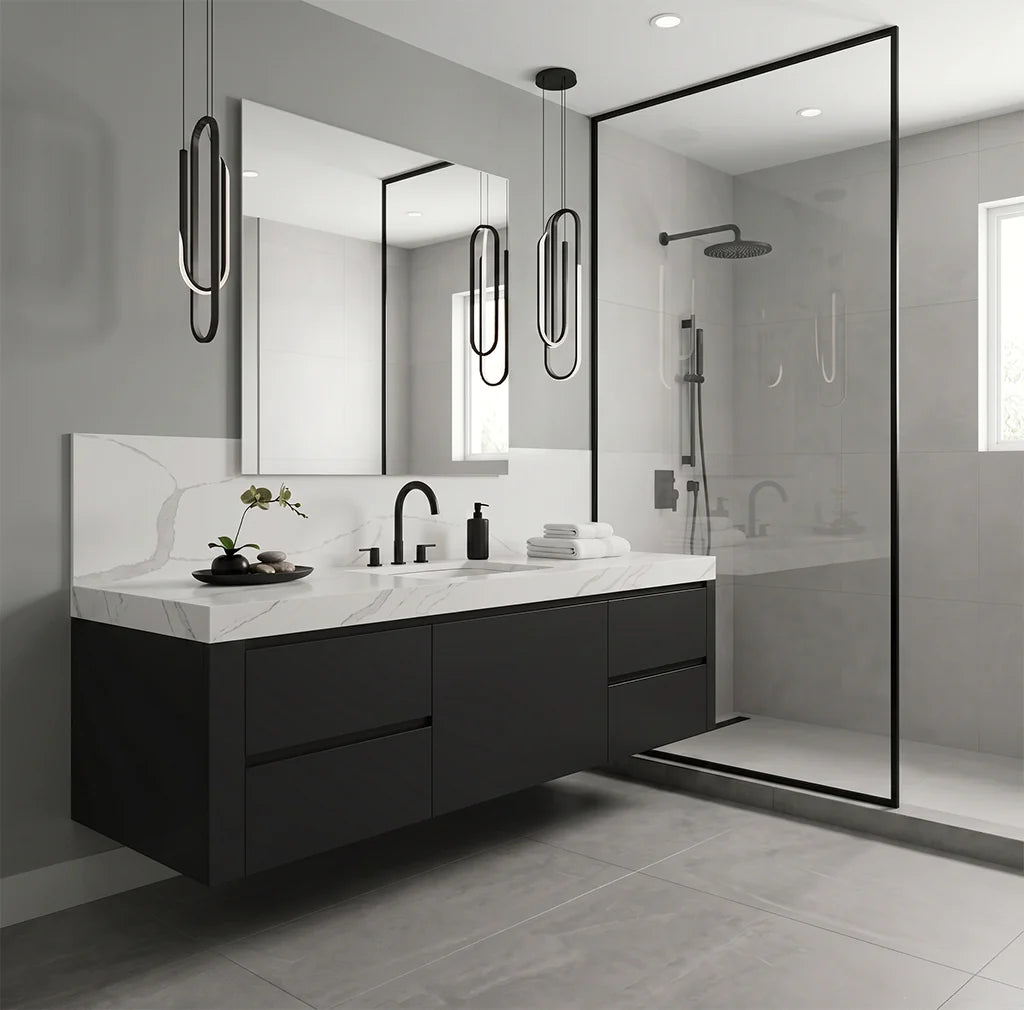 Calacatta Classic White Quartz countertops featured in a modern bathroom with a sleek black vanity and glass shower.
