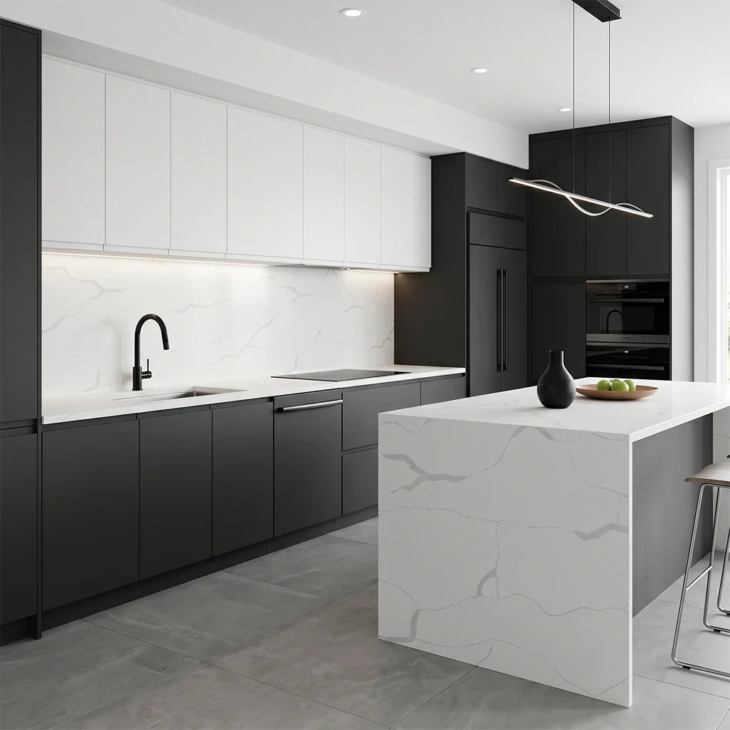 Modern kitchen featuring Calacatta Classic White Quartz countertops with elegant grey veining.